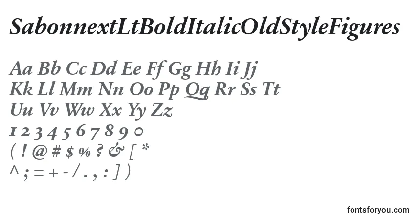 A fonte SabonnextLtBoldItalicOldStyleFigures – alfabeto, números, caracteres especiais