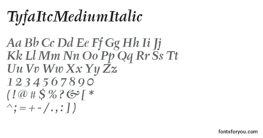 TyfaItcMediumItalic-fontti – aakkoset, numerot, erikoismerkit
