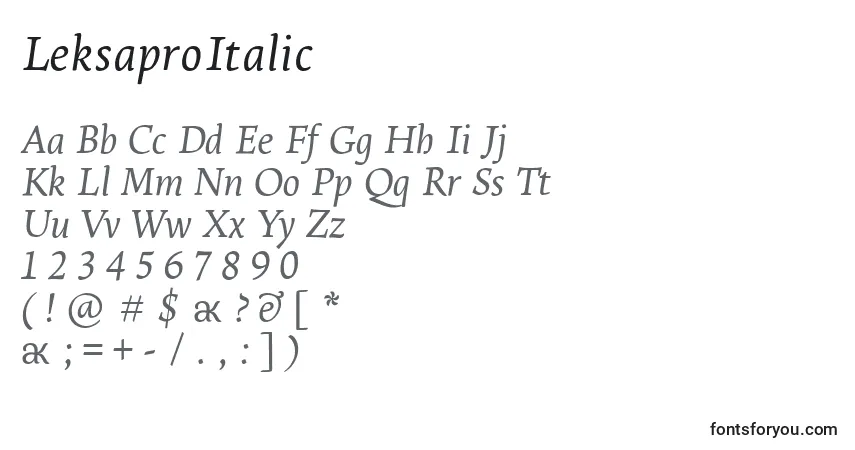 Schriftart LeksaproItalic – Alphabet, Zahlen, spezielle Symbole