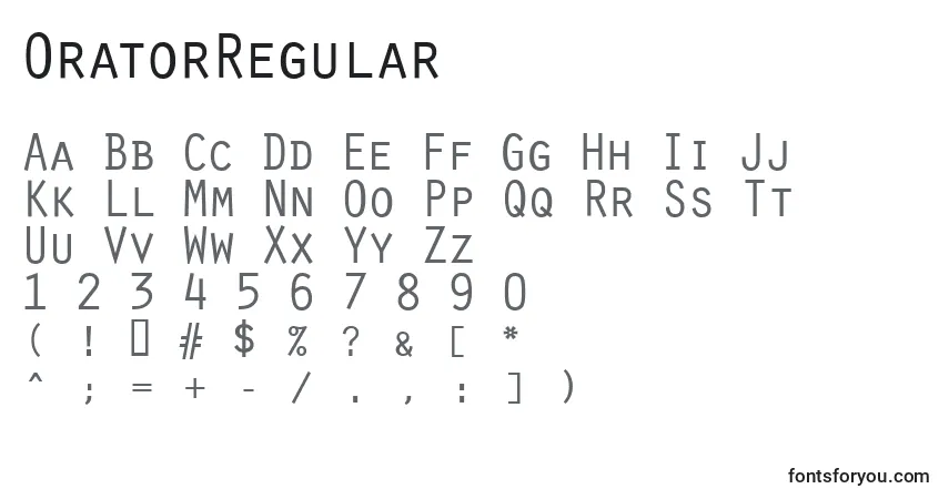 A fonte OratorRegular – alfabeto, números, caracteres especiais