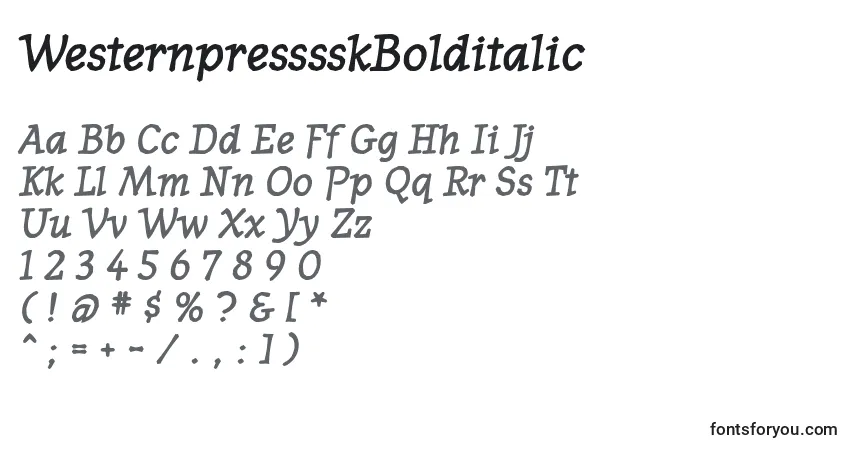 Шрифт WesternpresssskBolditalic – алфавит, цифры, специальные символы