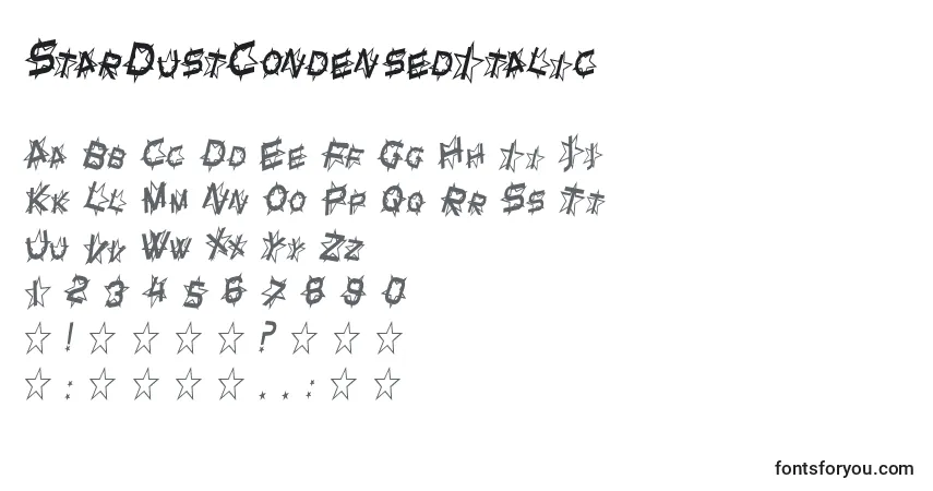 A fonte StarDustCondensedItalic – alfabeto, números, caracteres especiais