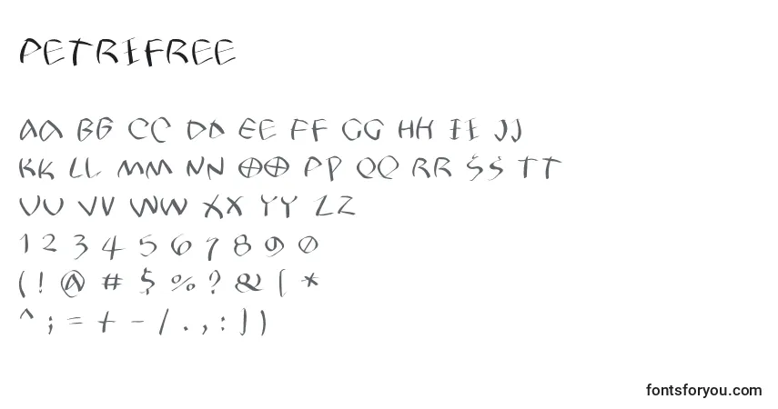 A fonte Petrifree – alfabeto, números, caracteres especiais