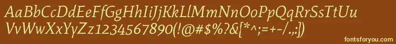 MateItalic-fontti – keltaiset fontit ruskealla taustalla