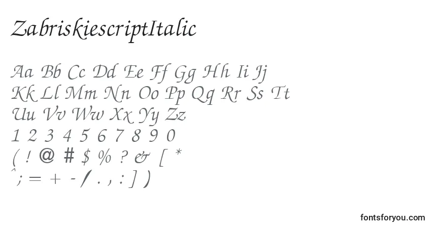 A fonte ZabriskiescriptItalic – alfabeto, números, caracteres especiais