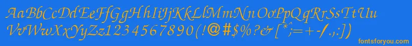 フォントZabriskiescriptItalic – オレンジ色の文字が青い背景にあります。