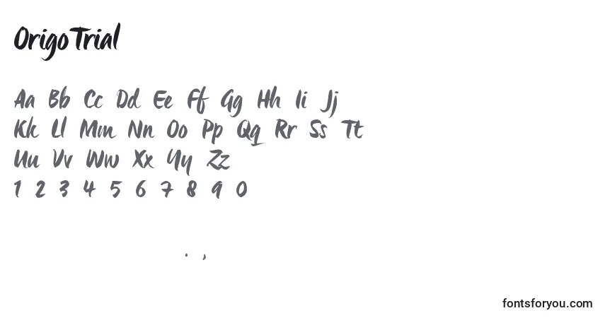 Czcionka OrigoTrial (58737) – alfabet, cyfry, specjalne znaki