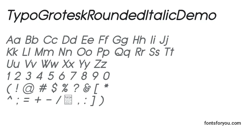 Schriftart TypoGroteskRoundedItalicDemo – Alphabet, Zahlen, spezielle Symbole