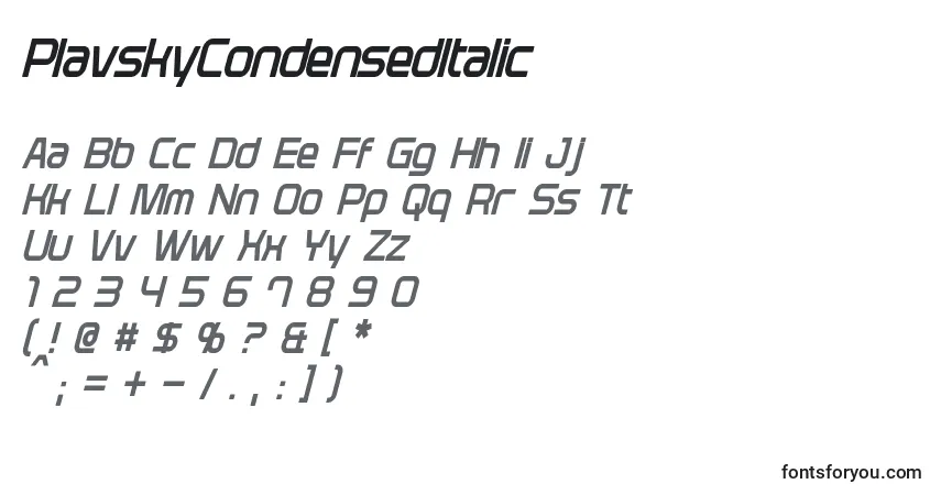 A fonte PlavskyCondensedItalic – alfabeto, números, caracteres especiais