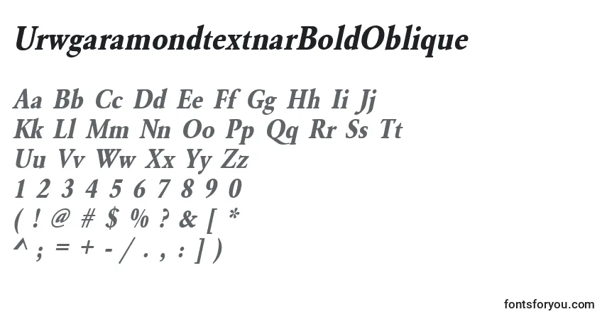 A fonte UrwgaramondtextnarBoldOblique – alfabeto, números, caracteres especiais