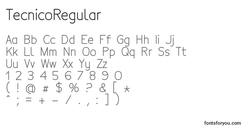 TecnicoRegular-fontti – aakkoset, numerot, erikoismerkit