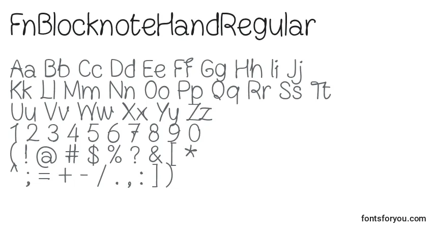 Czcionka FnBlocknoteHandRegular – alfabet, cyfry, specjalne znaki