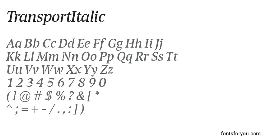 Czcionka TransportItalic – alfabet, cyfry, specjalne znaki