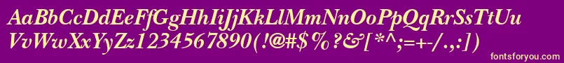 Fonte ItcNewBaskervilleLtBoldItalic – fontes amarelas em um fundo roxo