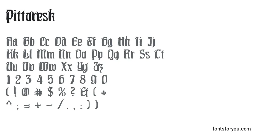 Czcionka Pittoresk – alfabet, cyfry, specjalne znaki