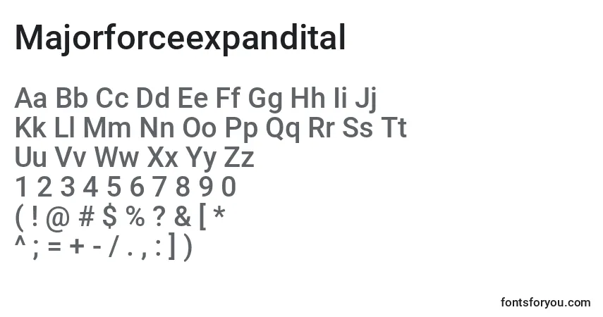 Шрифт Majorforceexpandital – алфавит, цифры, специальные символы