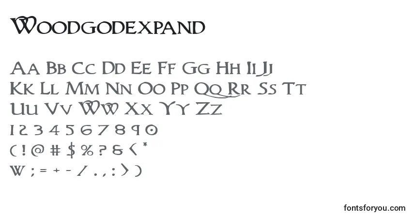 Шрифт Woodgodexpand – алфавит, цифры, специальные символы