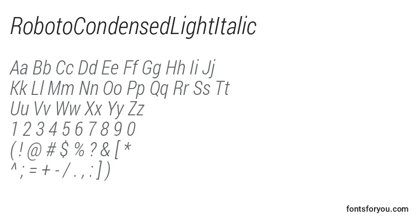Czcionka RobotoCondensedLightItalic – alfabet, cyfry, specjalne znaki