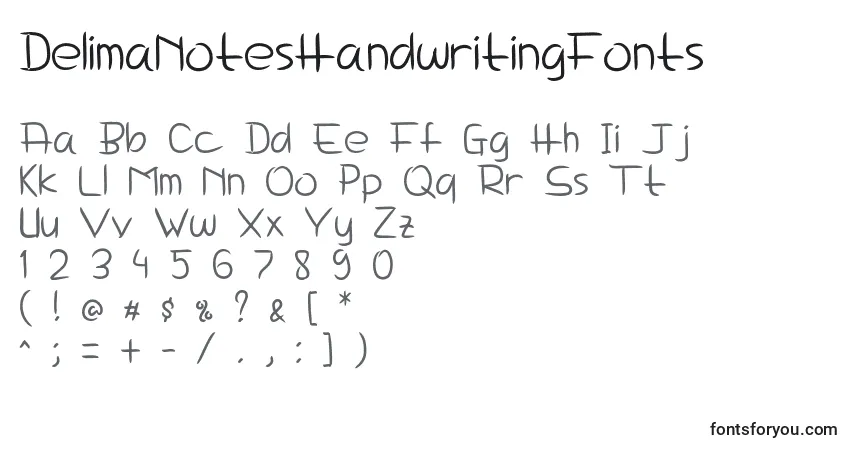 Czcionka DelimaNotesHandwritingFonts – alfabet, cyfry, specjalne znaki