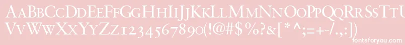 GaramondretrospectiveosscapssskRegular-fontti – valkoiset fontit vaaleanpunaisella taustalla