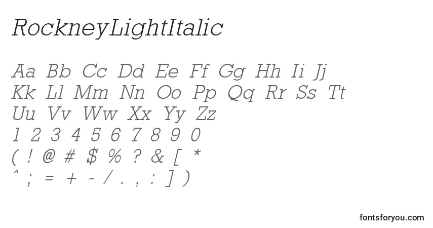 Шрифт RockneyLightItalic – алфавит, цифры, специальные символы