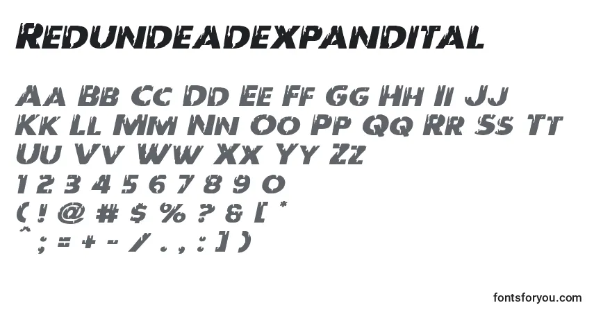 Czcionka Redundeadexpandital – alfabet, cyfry, specjalne znaki
