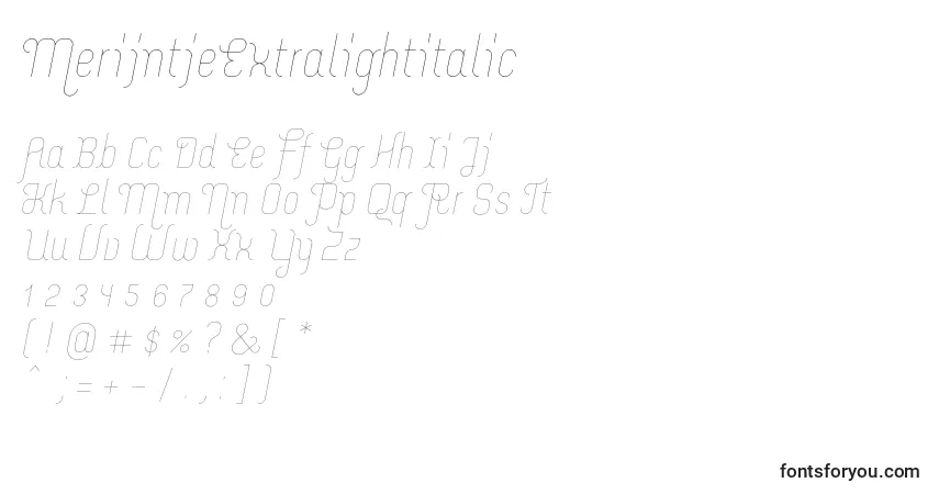 A fonte MerijntjeExtralightitalic – alfabeto, números, caracteres especiais