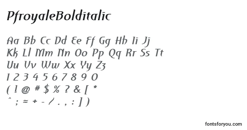 A fonte PfroyaleBolditalic – alfabeto, números, caracteres especiais