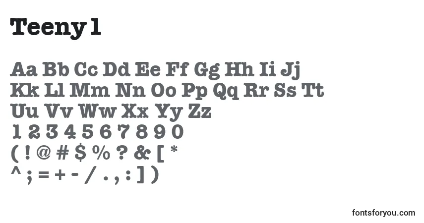 Czcionka Teeny1 – alfabet, cyfry, specjalne znaki