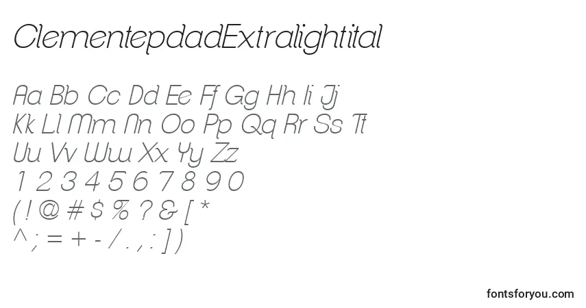 A fonte ClementepdadExtralightital – alfabeto, números, caracteres especiais
