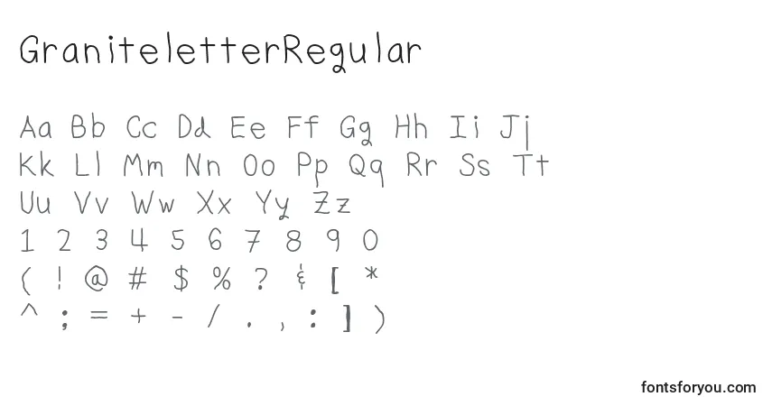A fonte GraniteletterRegular – alfabeto, números, caracteres especiais