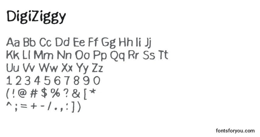 DigiZiggy-fontti – aakkoset, numerot, erikoismerkit