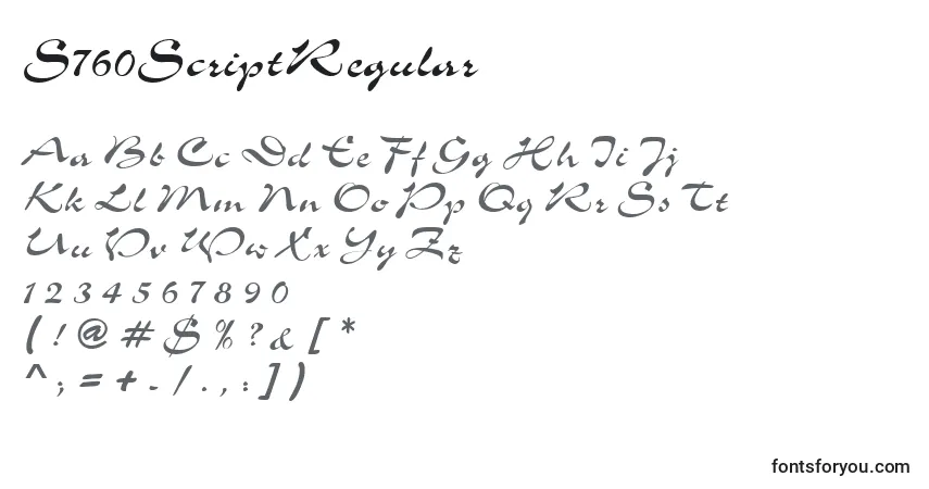 Czcionka S760ScriptRegular – alfabet, cyfry, specjalne znaki