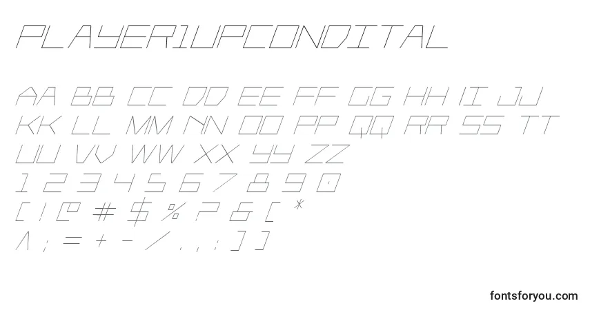 Player1upcondital-fontti – aakkoset, numerot, erikoismerkit