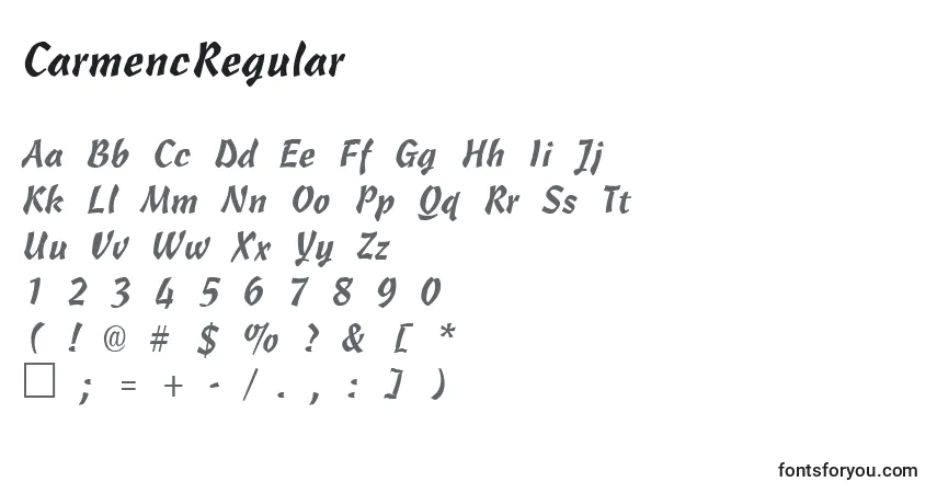Czcionka CarmencRegular – alfabet, cyfry, specjalne znaki