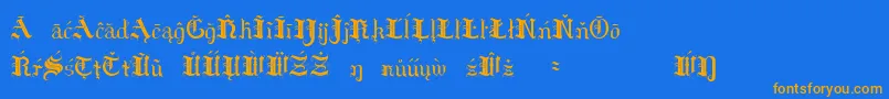 フォントHildae – オレンジ色の文字が青い背景にあります。