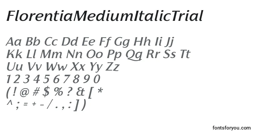 Schriftart FlorentiaMediumItalicTrial – Alphabet, Zahlen, spezielle Symbole