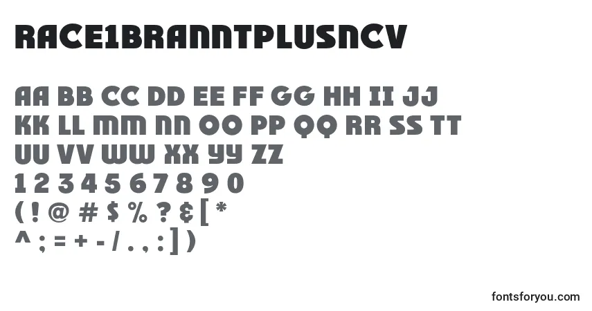 A fonte Race1BranntPlusNcv – alfabeto, números, caracteres especiais