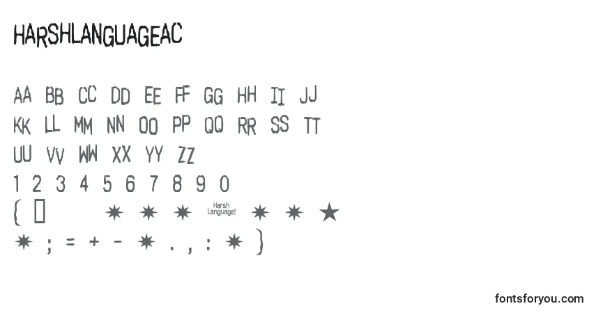 Schriftart Harshlanguageac – Alphabet, Zahlen, spezielle Symbole
