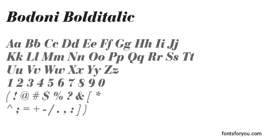 Bodoni Bolditalic-fontti – aakkoset, numerot, erikoismerkit