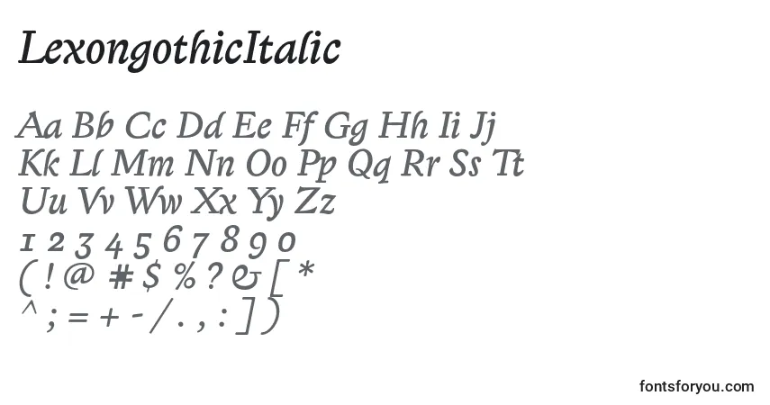 Schriftart LexongothicItalic – Alphabet, Zahlen, spezielle Symbole