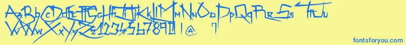 ZenzaiItacha-Schriftart – Blaue Schriften auf gelbem Hintergrund