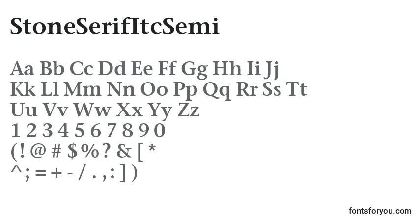 Czcionka StoneSerifItcSemi – alfabet, cyfry, specjalne znaki