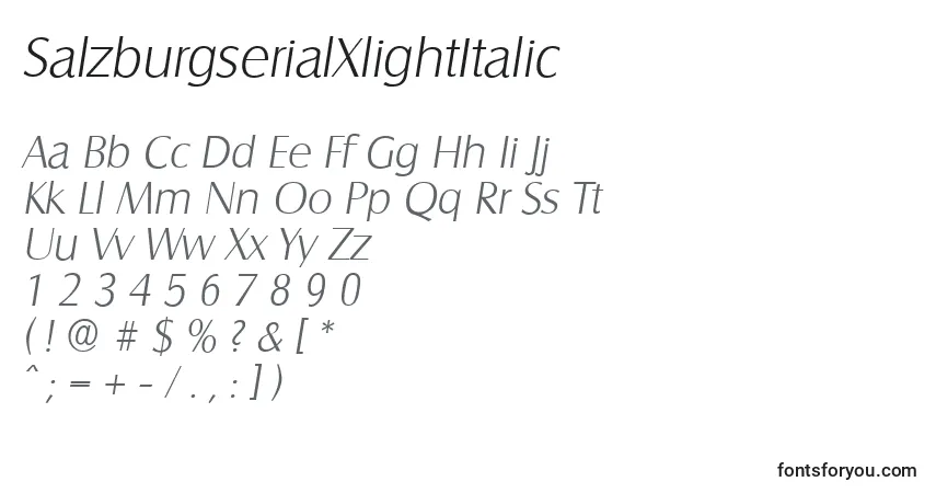 Fuente SalzburgserialXlightItalic - alfabeto, números, caracteres especiales