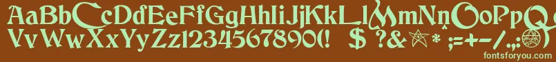 フォントJmhCthulhumbusUgalt2 – 緑色の文字が茶色の背景にあります。