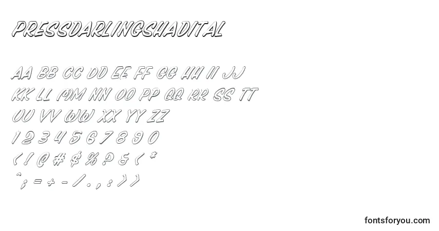 Шрифт Pressdarlingshadital – алфавит, цифры, специальные символы