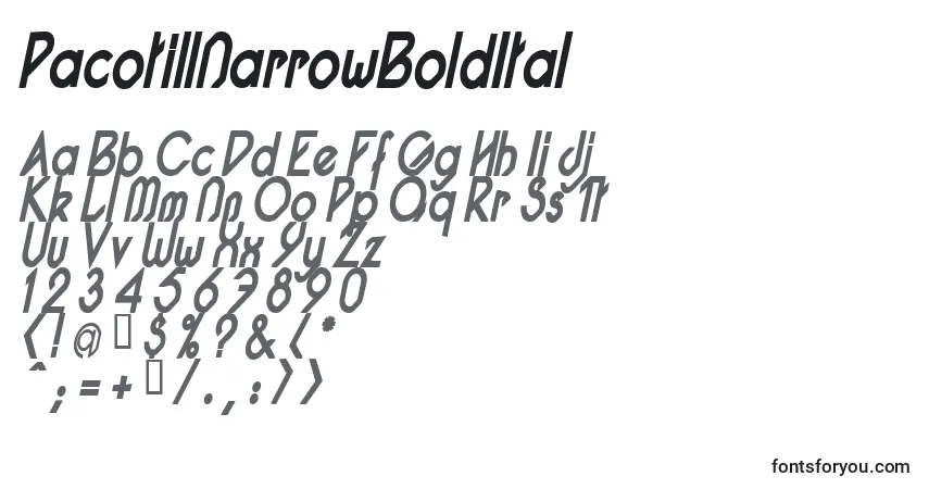 Czcionka PacotillNarrowBoldItal – alfabet, cyfry, specjalne znaki