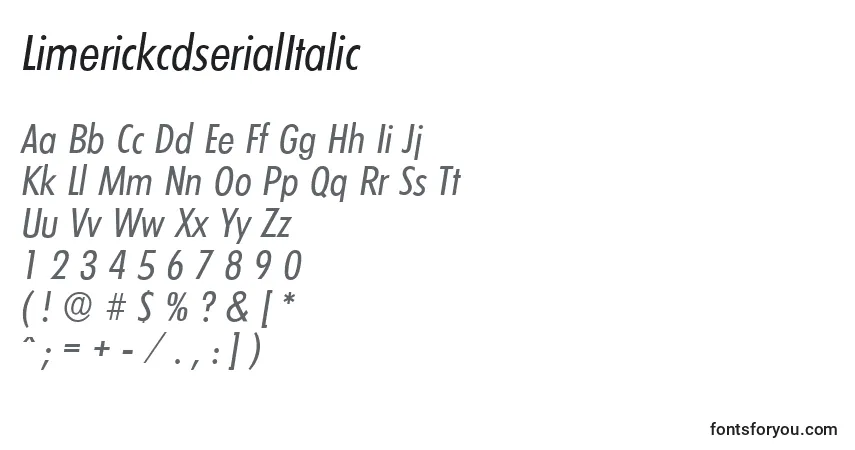 Schriftart LimerickcdserialItalic – Alphabet, Zahlen, spezielle Symbole