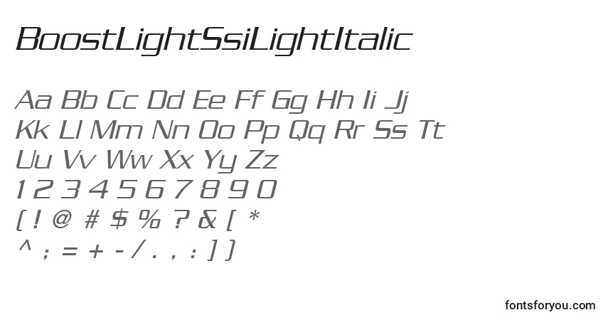A fonte BoostLightSsiLightItalic – alfabeto, números, caracteres especiais