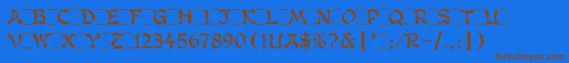 KanbanLetPlain.1.0フォントについての詳細 フォントKanbanLetPlain.1.0 – 茶色の文字が青い背景にあります。